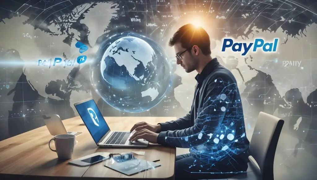 pikaso reimagine A person using a laptop with the PayPal logo visib